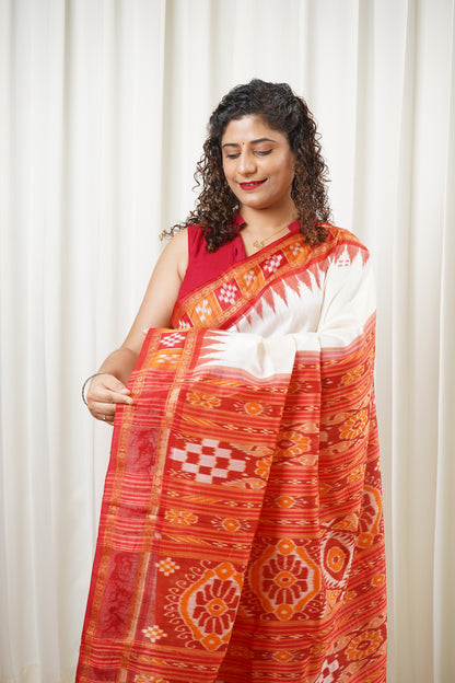 Pasapali Border Khandua Ikkat Silk Saree - Off White