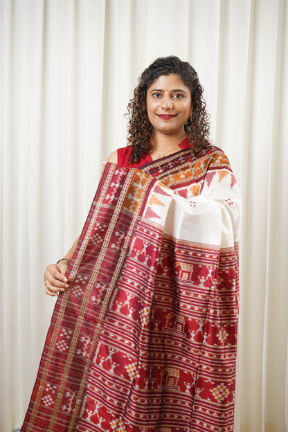Odisha Ikkat Khandua Silk Saree - Off White