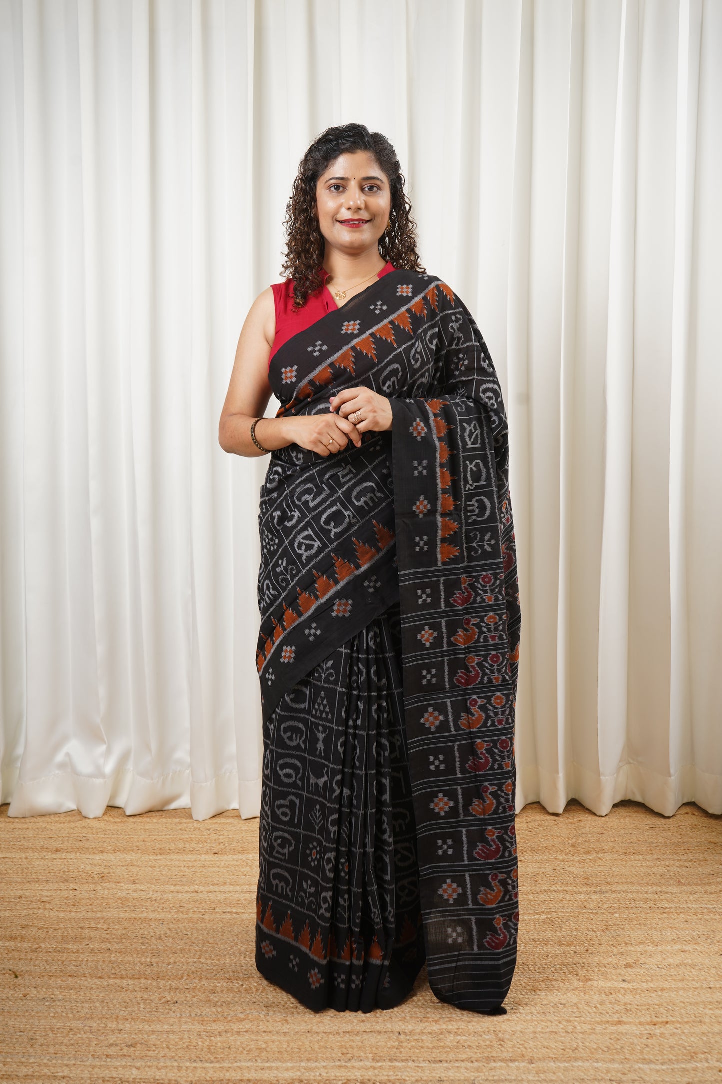 Exclusive Odia Varnamala Khandua Cotton Saree - Black