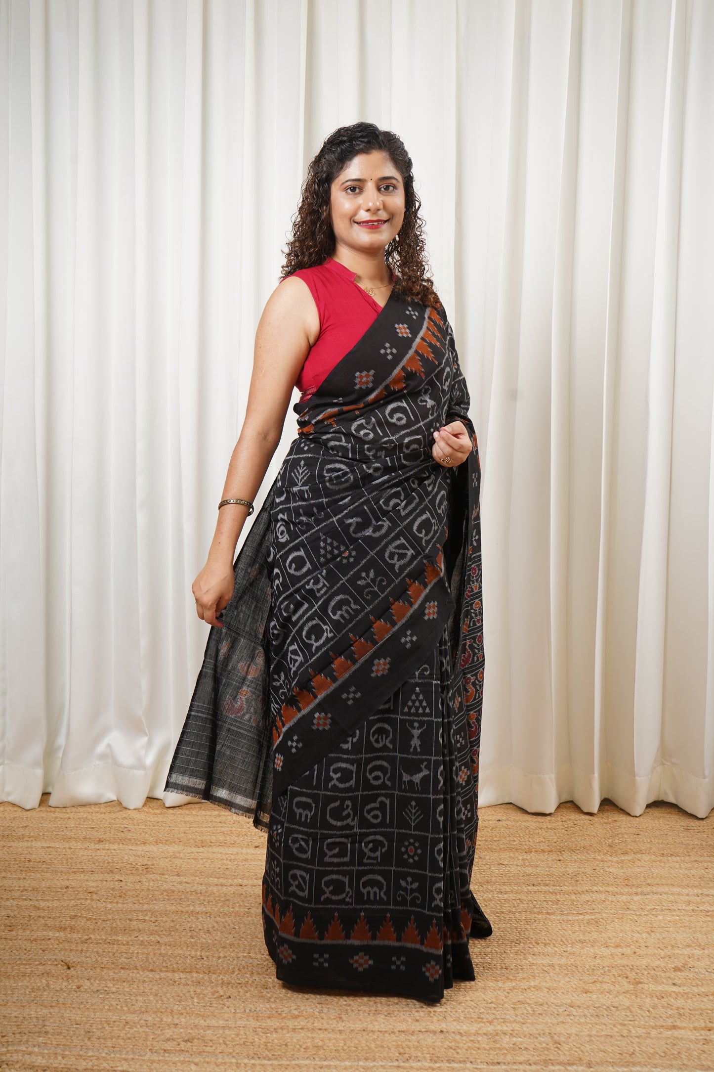 Exclusive Odia Varnamala Khandua Cotton Saree - Black