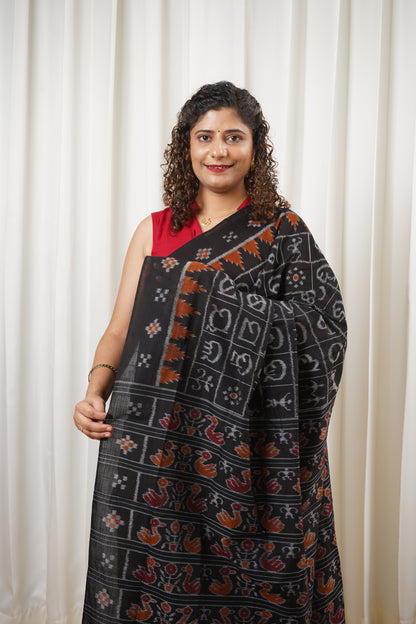 Exclusive Odia Varnamala Khandua Cotton Saree - Black