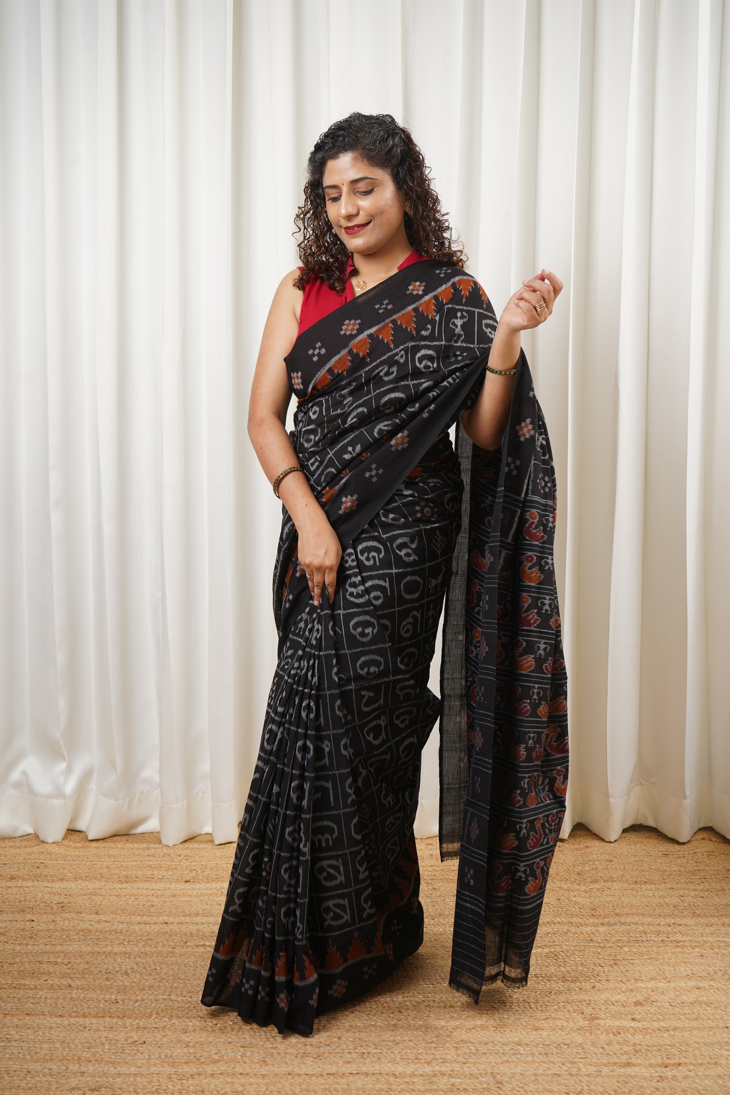Exclusive Odia Varnamala Khandua Cotton Saree - Black