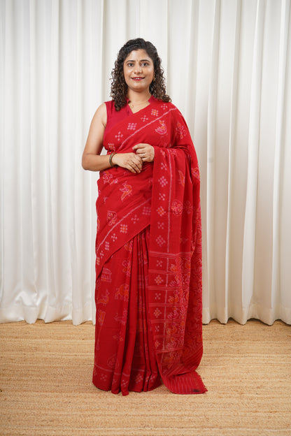 Odisha Ikkat Nabarangi Khandua Cotton Saree-Red