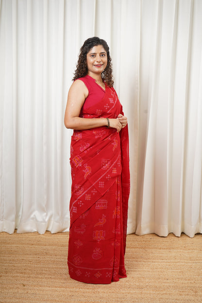 Odisha Ikkat Nabarangi Khandua Cotton Saree-Red