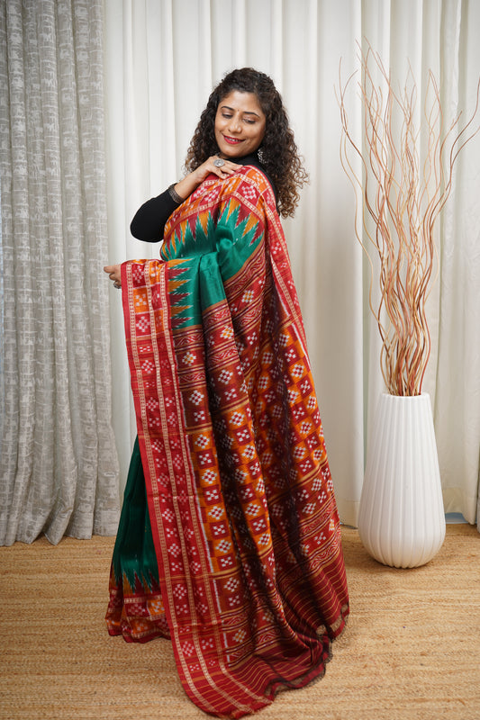 Double Pasapali Border Khandua Ikkat Silk Saree - Green