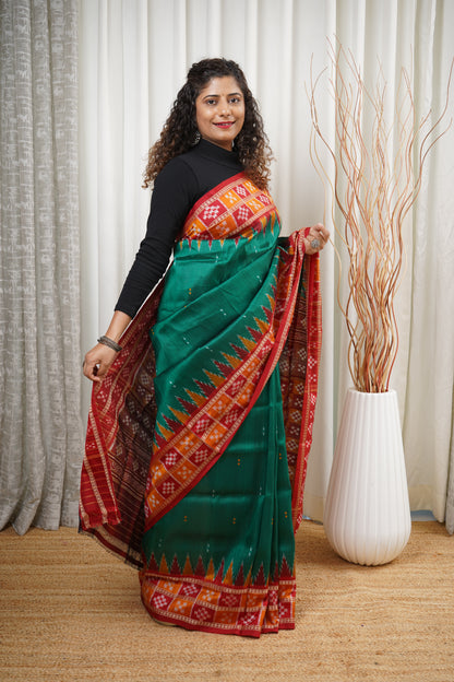 Double Pasapali Border Khandua Ikkat Silk Saree - Green