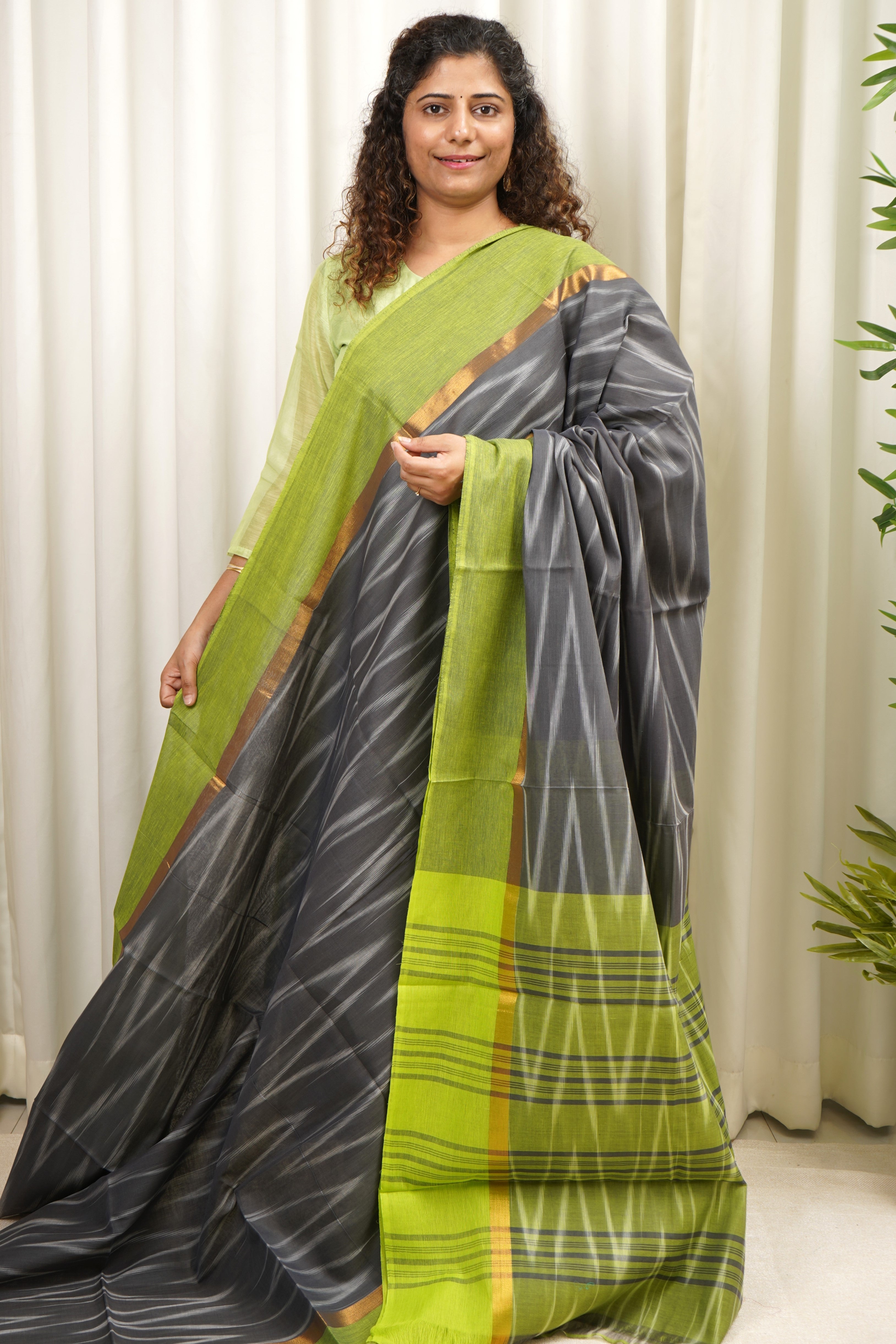 Handwoven Mangalagiri Cotton Ikkat Saree- Grey & Lime Green