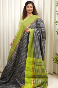 Handwoven Mangalagiri Cotton Ikkat Saree- Grey & Lime Green