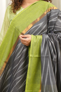 Handwoven Mangalagiri Cotton Ikkat Saree- Grey & Lime Green