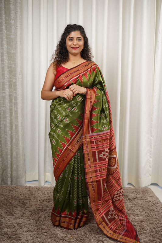 Odisha Handloom Khandua Silk (Patta) Saree - Henna Green