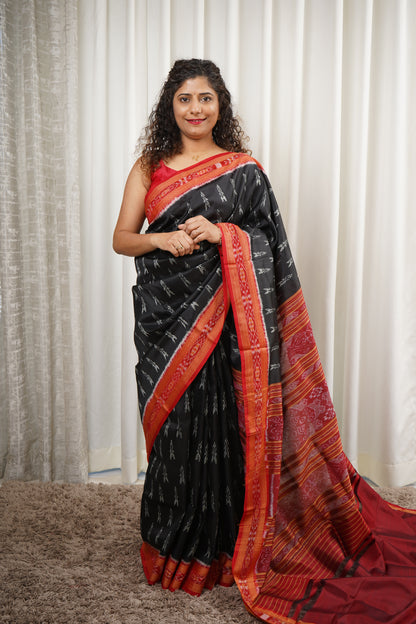 Odisha Handloom Single Ikkat Khandua Silk Saree - Black-Red