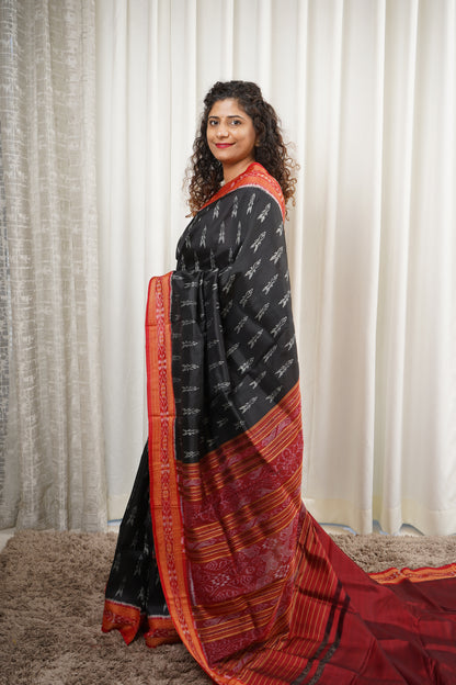 Odisha Handloom Single Ikkat Khandua Silk Saree - Black-Red