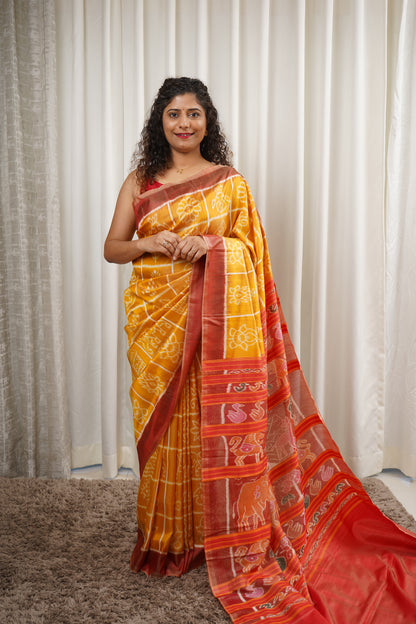 Exclusive Odisha Ikkat Nabakothi Pure Silk Saree- Pastel Yellow