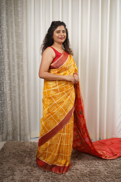 Exclusive Odisha Ikkat Nabakothi Pure Silk Saree- Pastel Yellow