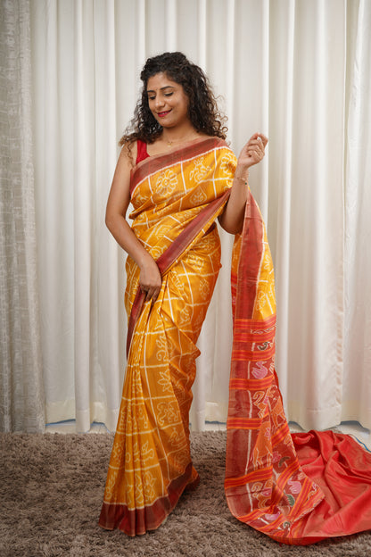 Exclusive Odisha Ikkat Nabakothi Pure Silk Saree- Pastel Yellow