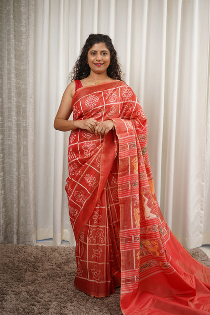 Exclusive Odisha Ikkat Nabakothi Pure Silk Saree- Red