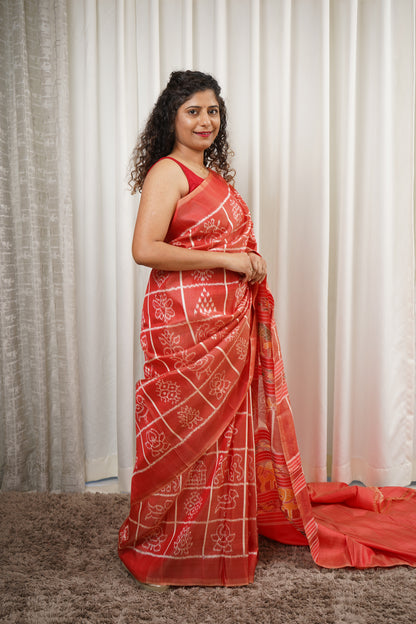 Exclusive Odisha Ikkat Nabakothi Pure Silk Saree- Red