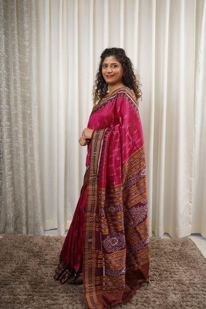 Odisha Ikkat Khandua Silk Saree - Mayura Chandrika- Pink