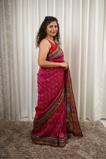Odisha Ikkat Khandua Silk Saree - Mayura Chandrika- Pink