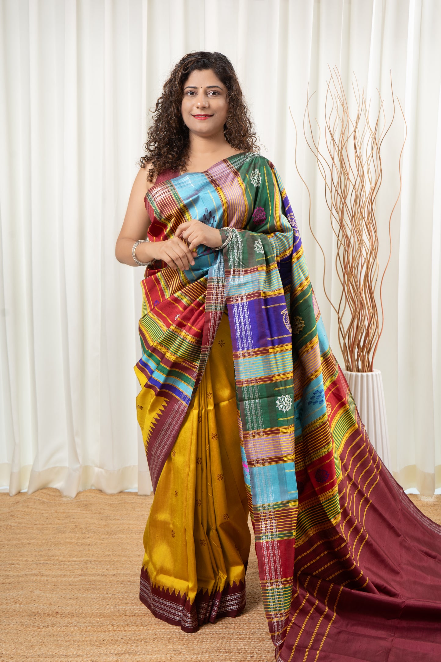 Exclusive Double Pallu Berhampuri Pure Silk Patta Saree - Golden Yellow