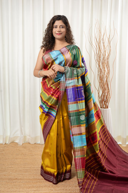 Exclusive Double Pallu Berhampuri Pure Silk Patta Saree - Golden Yellow