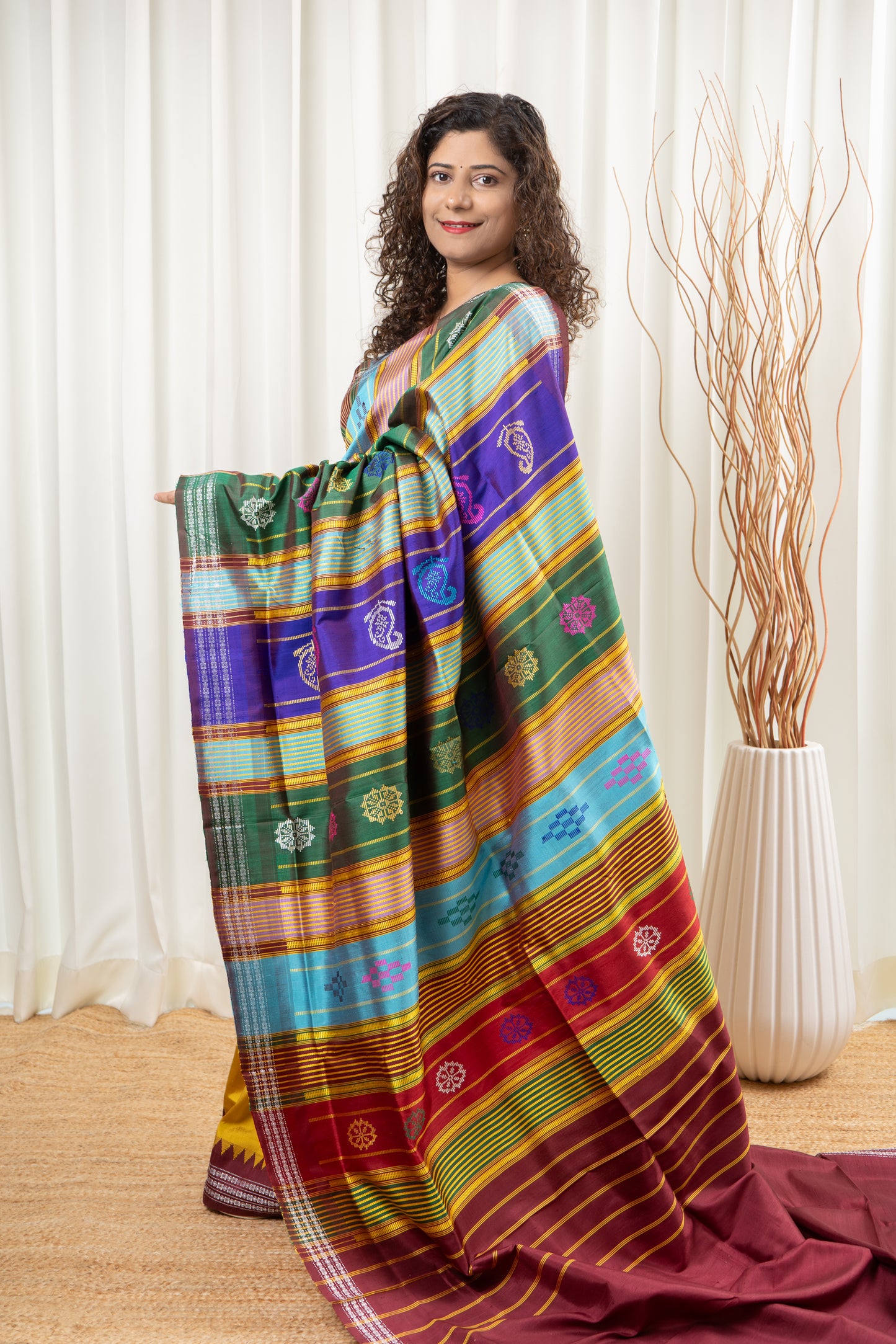 Exclusive Double Pallu Berhampuri Pure Silk Patta Saree - Golden Yellow