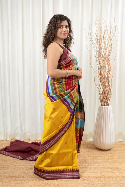 Exclusive Double Pallu Berhampuri Pure Silk Patta Saree - Golden Yellow