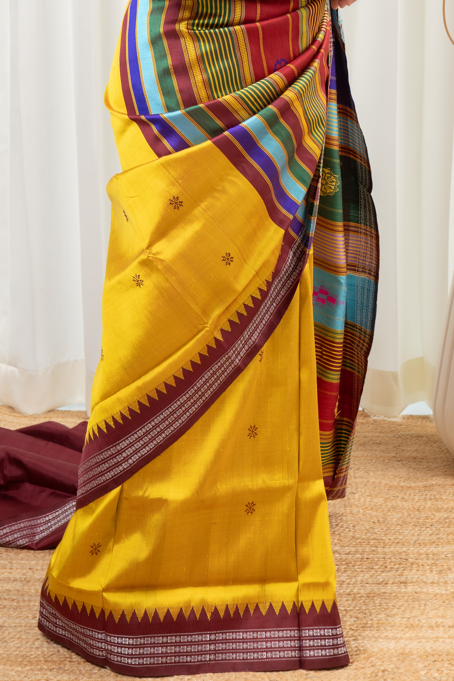 Exclusive Double Pallu Berhampuri Pure Silk Patta Saree - Golden Yellow