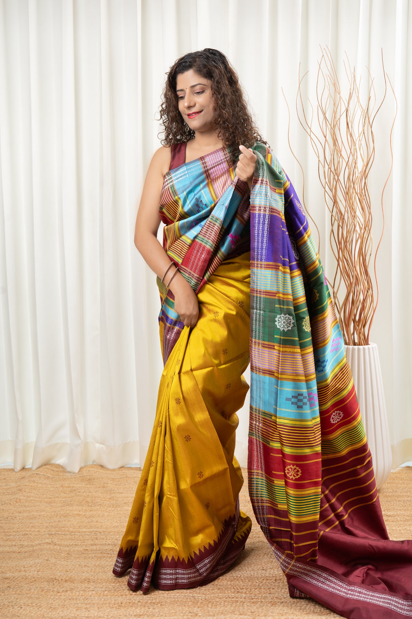 Exclusive Double Pallu Berhampuri Pure Silk Patta Saree - Golden Yellow