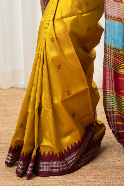 Exclusive Double Pallu Berhampuri Pure Silk Patta Saree - Golden Yellow
