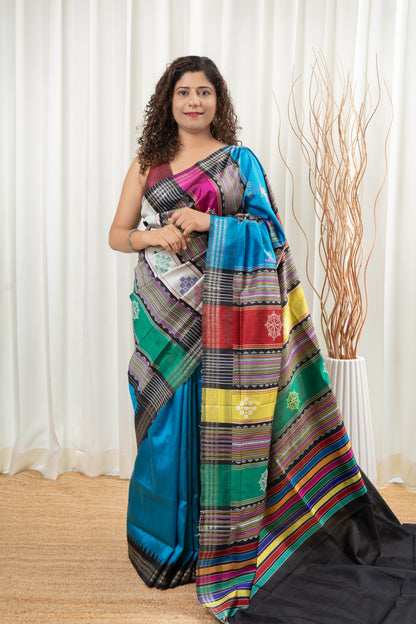 Exclusive Double Pallu Berhampuri Pure Silk Patta Saree -Peacock Blue