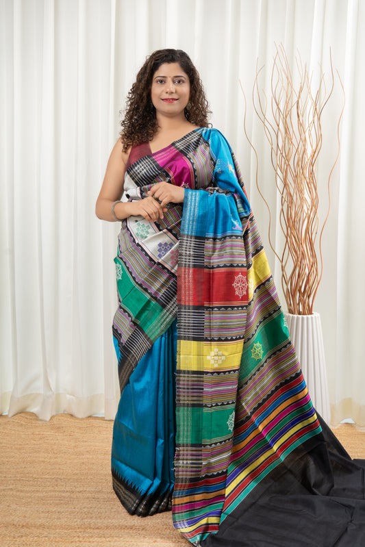 Exclusive Double Pallu Berhampuri Pure Silk Patta Saree -Peacock Blue