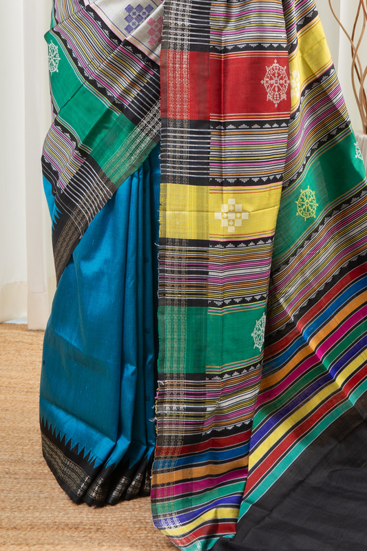 Exclusive Double Pallu Berhampuri Pure Silk Patta Saree -Peacock Blue