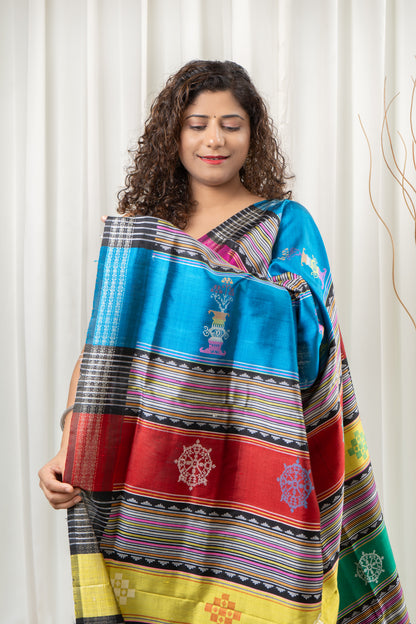 Exclusive Double Pallu Berhampuri Pure Silk Patta Saree -Peacock Blue