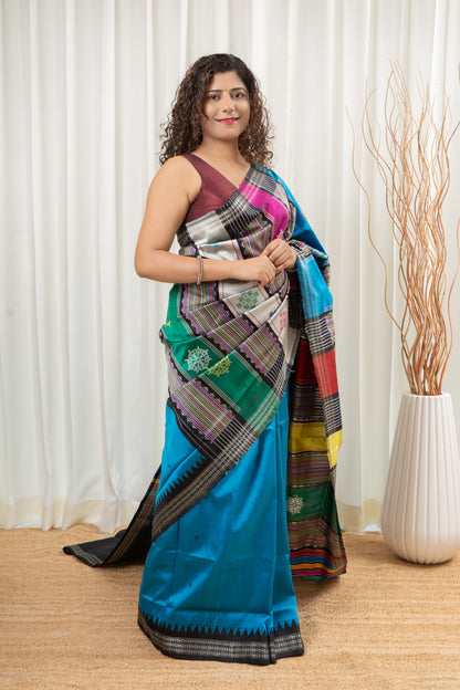 Exclusive Double Pallu Berhampuri Pure Silk Patta Saree -Peacock Blue