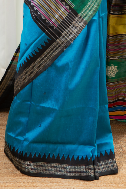 Exclusive Double Pallu Berhampuri Pure Silk Patta Saree -Peacock Blue
