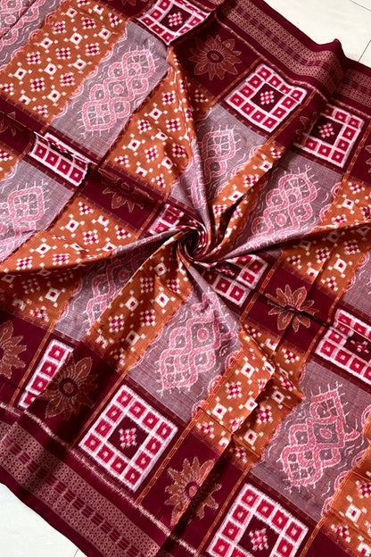 Sambalpuri Pure Cotton Saree - Brown & Maroon