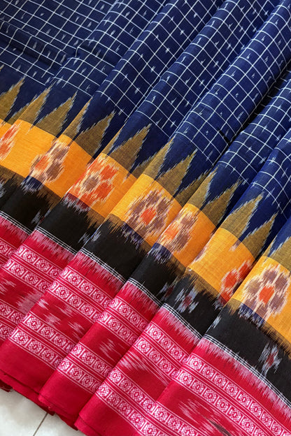 Odisha Ikkat Khandua Cotton Saree - Dark Navy Blue