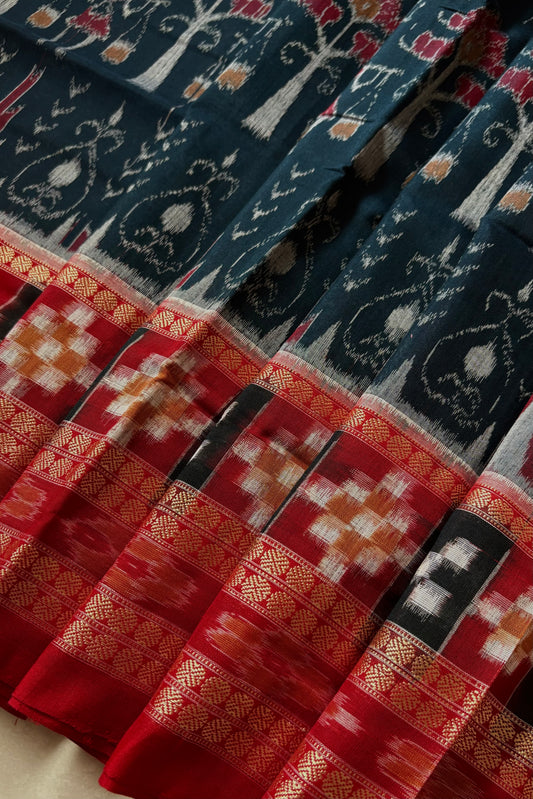 Exclusive Curvilinear Sambalpuri Ikkat Pure Cotton Saree : Teal & Red