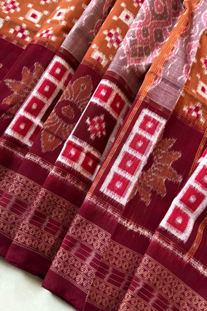 Sambalpuri Pure Cotton Saree - Brown & Maroon