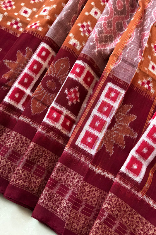 Sambalpuri Pure Cotton Saree - Brown & Maroon