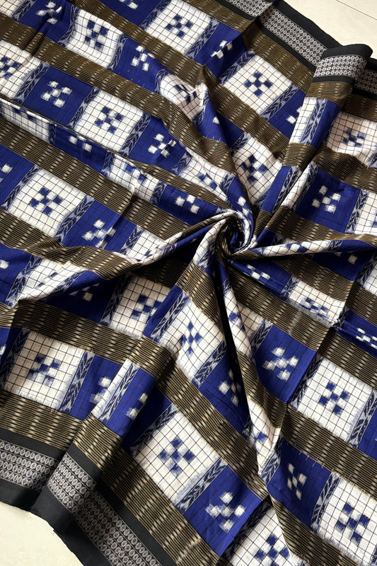 Sambalpuri Pure Cotton Saree - Navy Blue And White