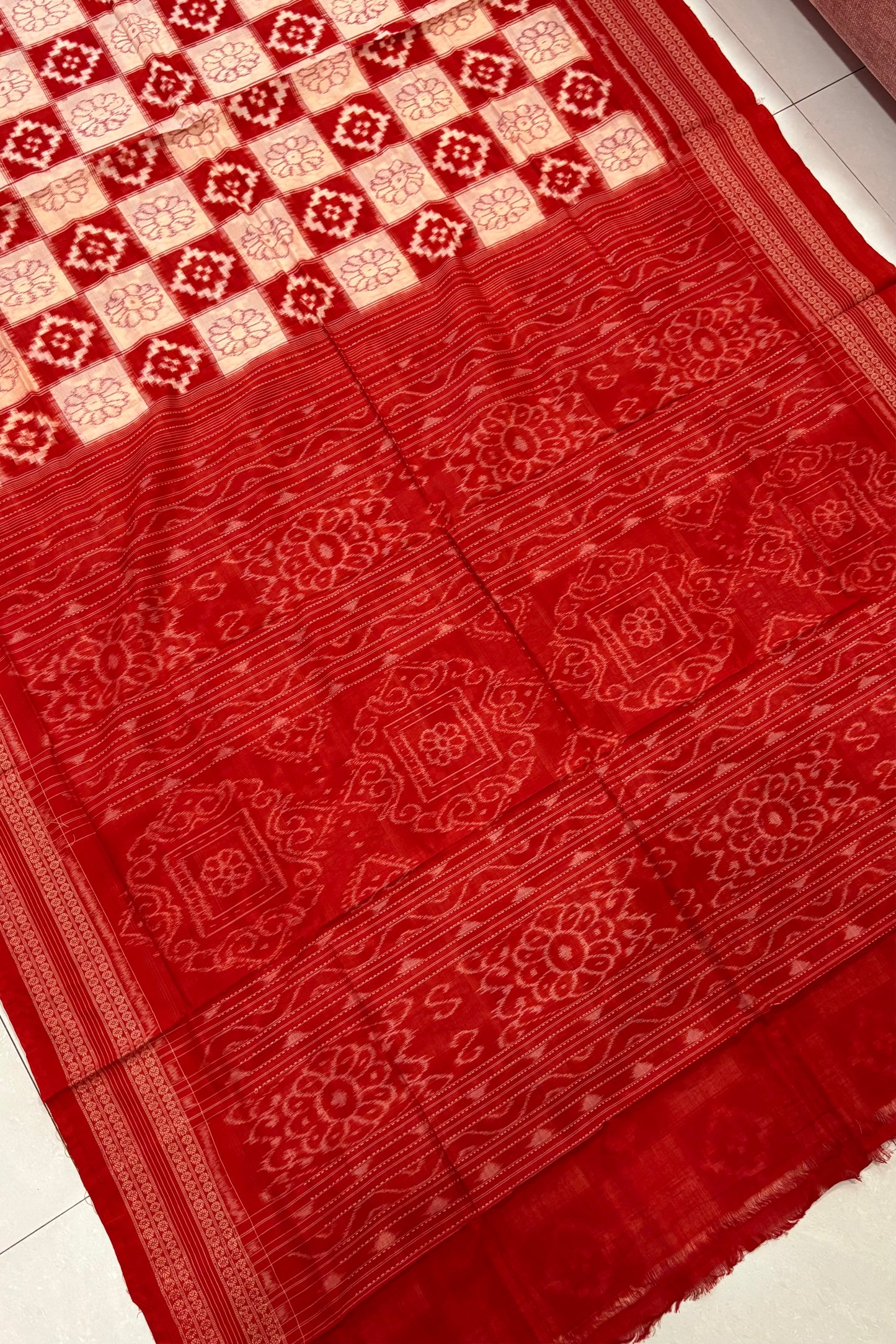 Exclusive Sambalpuri Pure Cotton Saree - Beige & Deep Orange