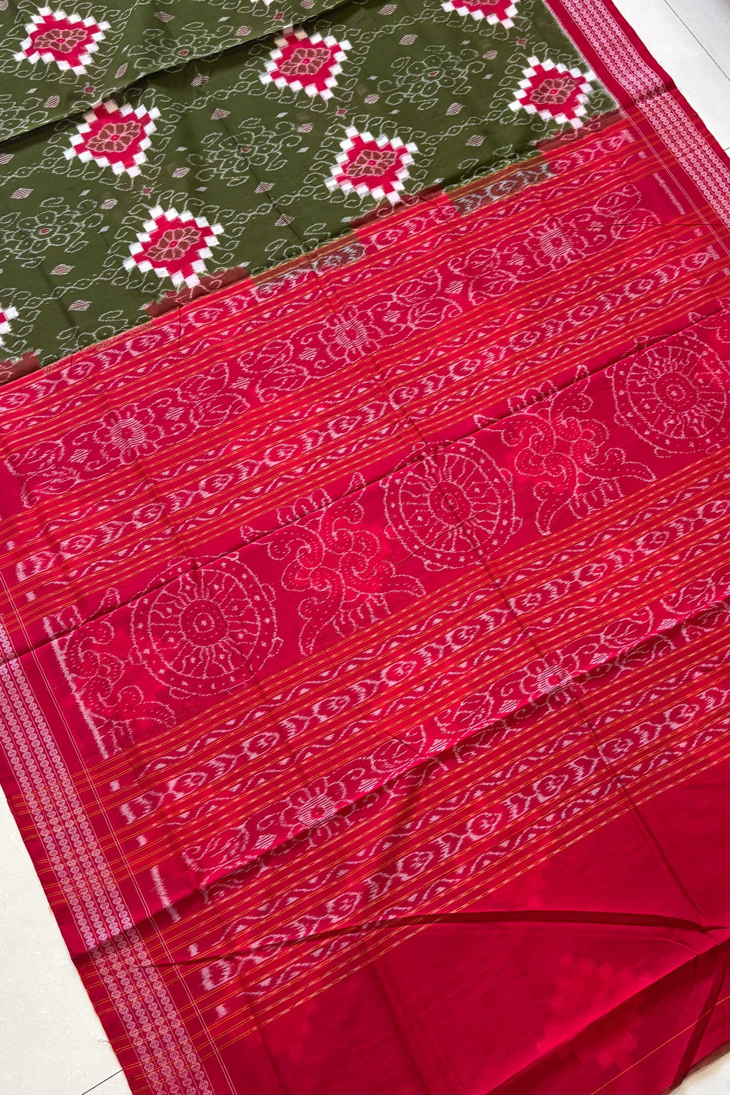 Sambalpuri Pure Cotton Saree - Mehendi Green