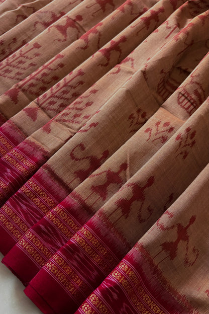 Odisha Ikkat Khandua Cotton Saree- Dark Beige