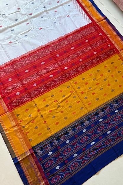 Sambalpuri Pure Cotton Kathifera Saree - White