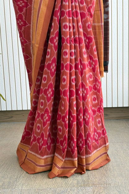Odisha Ikkat Khandua Cotton Saree - Maroon-Brown