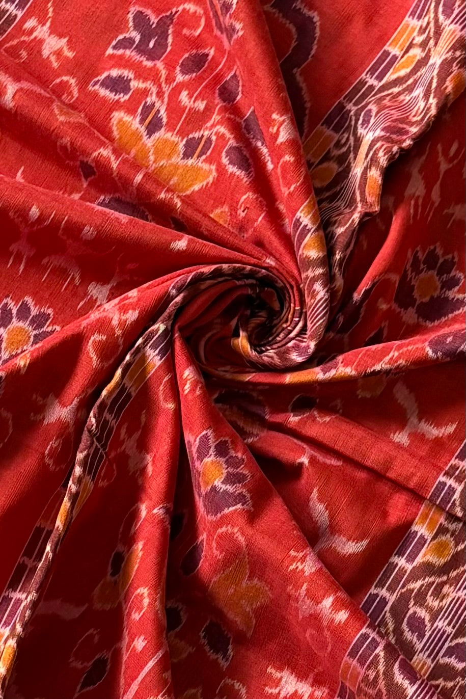 Exclusive Curvilinear Sambalpuri Ikkat Pure Cotton Saree : Rust Orange & Olive