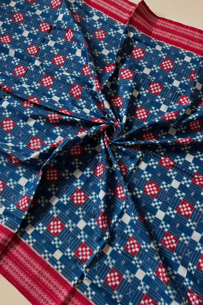 Sambalpuri Pure Cotton Saree: Blue & Red