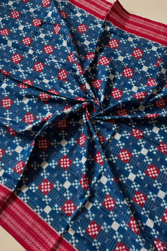Sambalpuri Pure Cotton Saree: Blue & Red